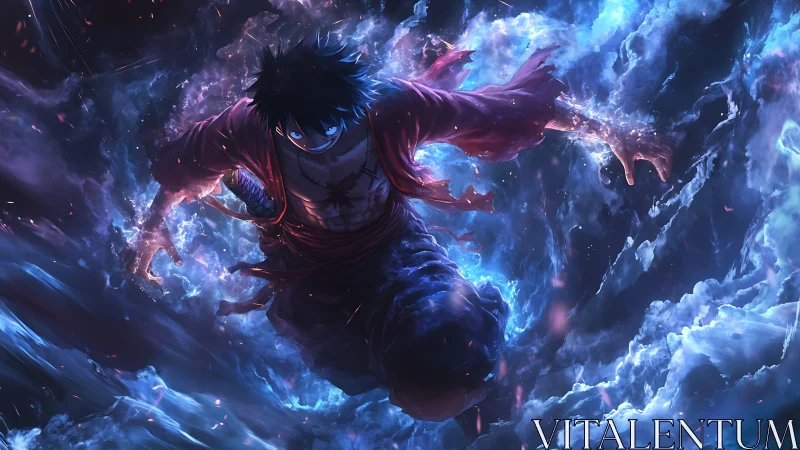 Storm-slashed warrior dives through electric ocean sky.