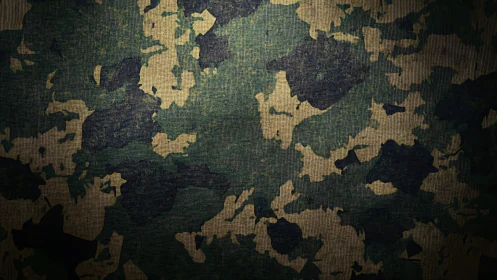 Textured woodland camouflage fabric with vignette lighting effect.