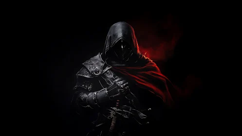 Mysterious hooded warrior wrapped in glowing crimson shadows.