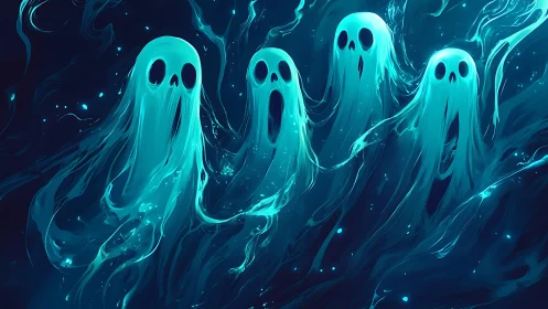 Glowing spectral figures drift across a dark blue background