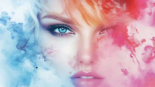 Dreamy blue eyes glow between swirling pink and icy clouds