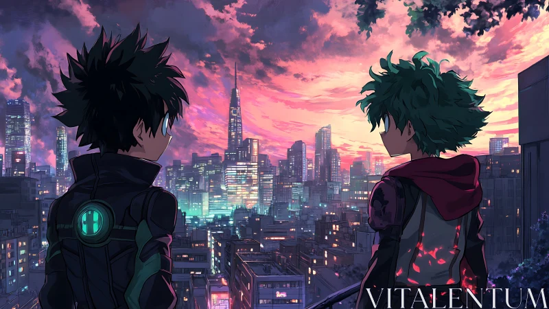 Heroic silhouettes overlooking neon city at cinematic dusk.