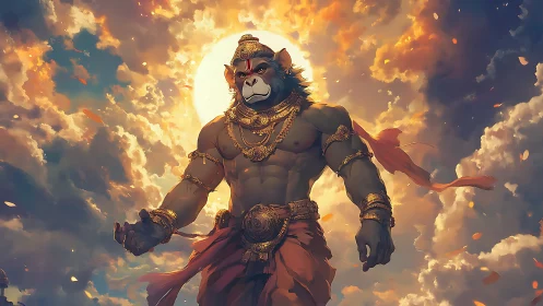 Divine warrior monkey god strides through radiant clouds.