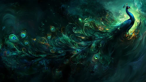 Nebula plume peacock gliding through emerald starlight.