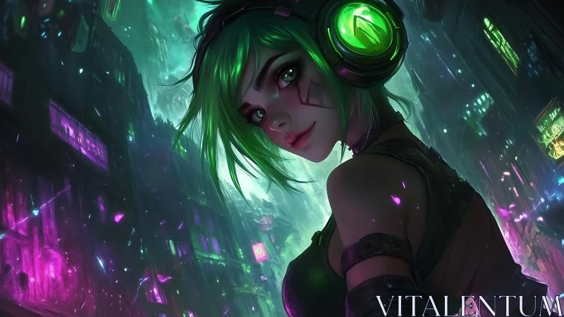 Cyberpunk neon DJ portrait in luminous alleyway environment.