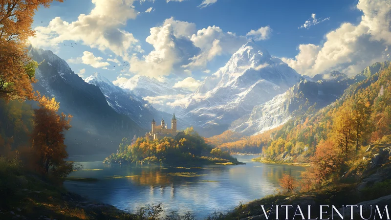 Mountain lake landscape with solitary castle in autumn light.