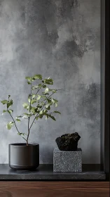 Minimalist potted plant and dark stone on textured grey wall