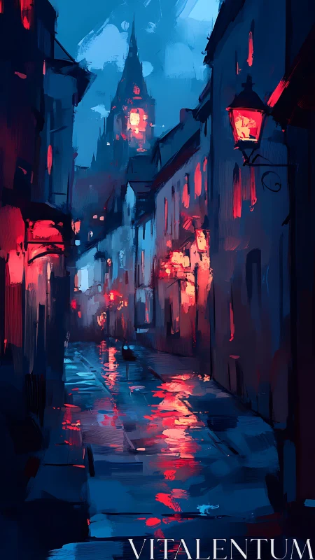 Digital painting of nocturnal alleyway with luminous reflections.