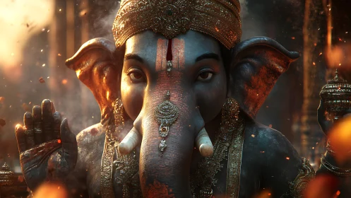 Divine Ganesha idol amid glowing embers and temple haze.