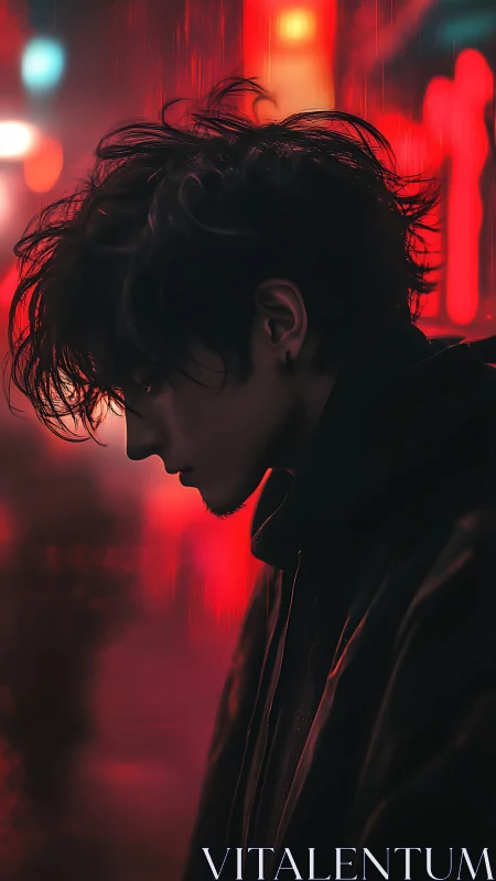 Brooding night wanderer in soft neon city glow.