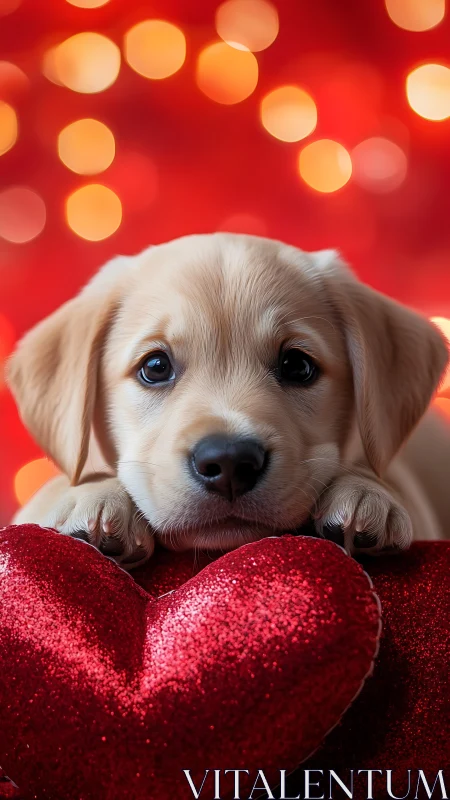 Cream Labrador with Red Hearts Against Bokeh.