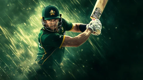Dynamic cricket batsman in motion with dramatic green streaks.