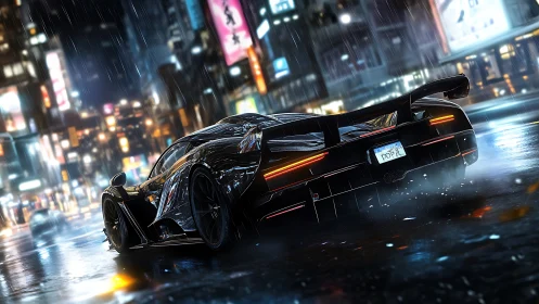 Black hypercar powers through neon city streets in rain