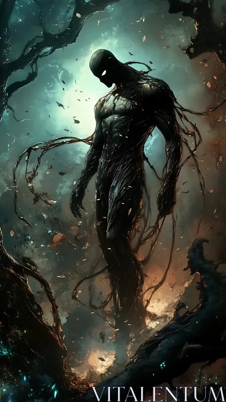 Voidborn arboreal entity in bioluminescent stormfield emergence.