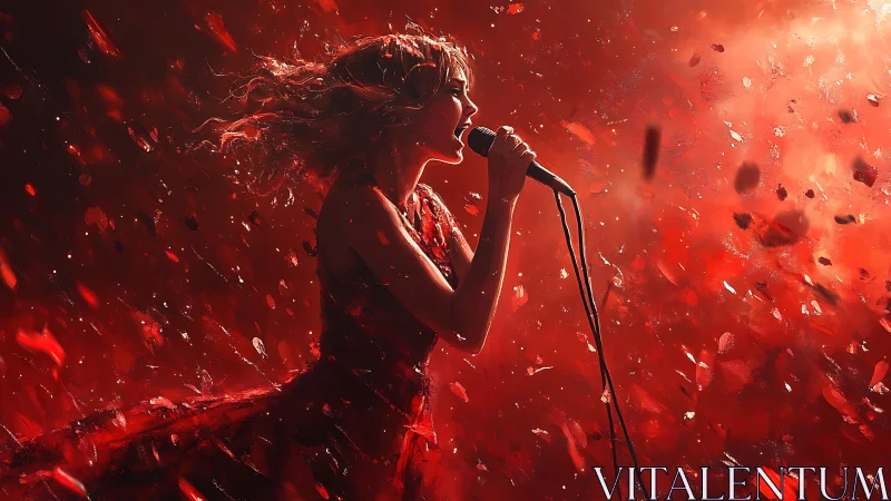 Digital painting of singer in red kinetic stage explosion.