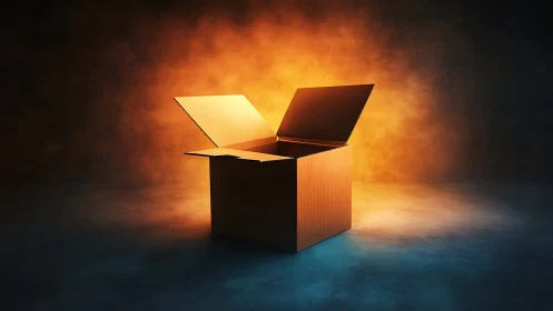 Glowing cardboard box in dramatic cinematic rim lighting.