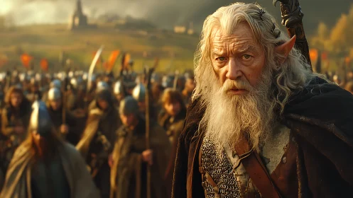 Elder elf commander before armored medieval army formation.