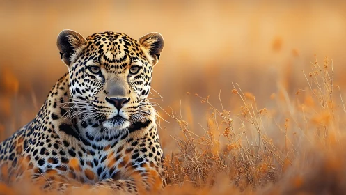 Leopard rests in golden savanna grass under warm light.