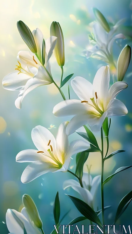 White lilies bloom against a serene turquoise sky backdrop.