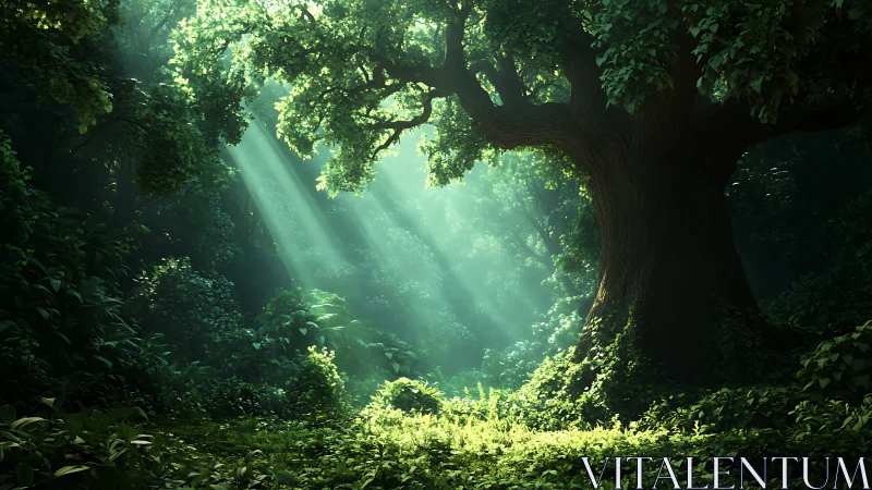 Luminous Forest Cathedral Where Sunlight Choreographs Ancient Trees.