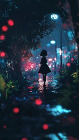 Silhouetted girl in neon rain along reflective city path.
