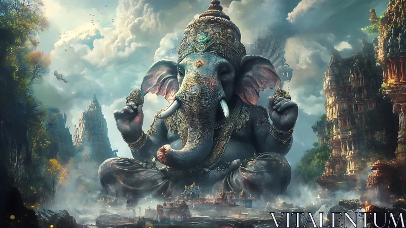 Colossal elephant deity dominates mist-laden mythic citadel