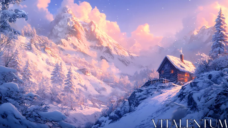 Sunlit alpine cabin under volumetric winter cloudscape and snow