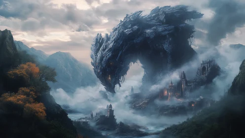 Colossal stone dragon bends low to question a misty citadel