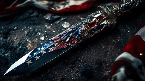 Patriotic dagger resting among weathered flag folds.