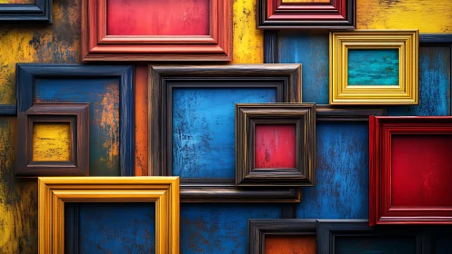 Multicolored empty frames on textured painted wall surface.