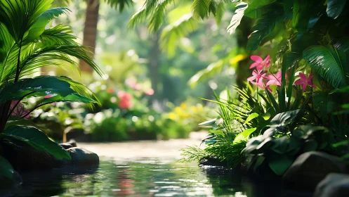 Sunlit jungle stream cradles orchids in emerald hush.