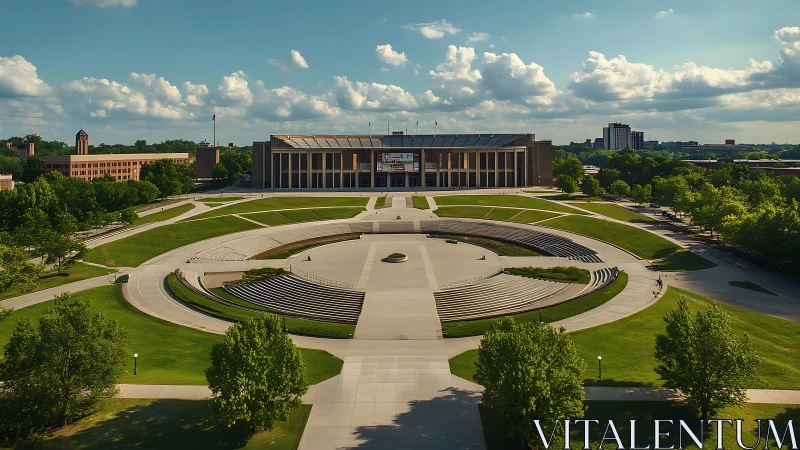 Modern campus plaza with circular amphitheater at sunset.