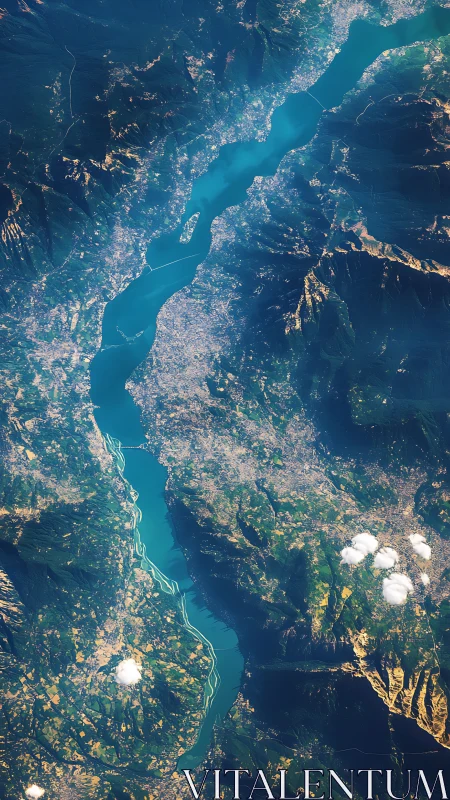 Satellite view of winding turquoise river through dense valley.