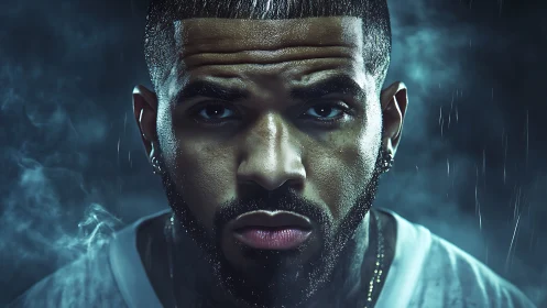 Moody rain-soaked portrait with cinematic blue lighting.