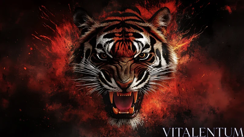 Spectral tiger head in explosive chromatic combustion field.