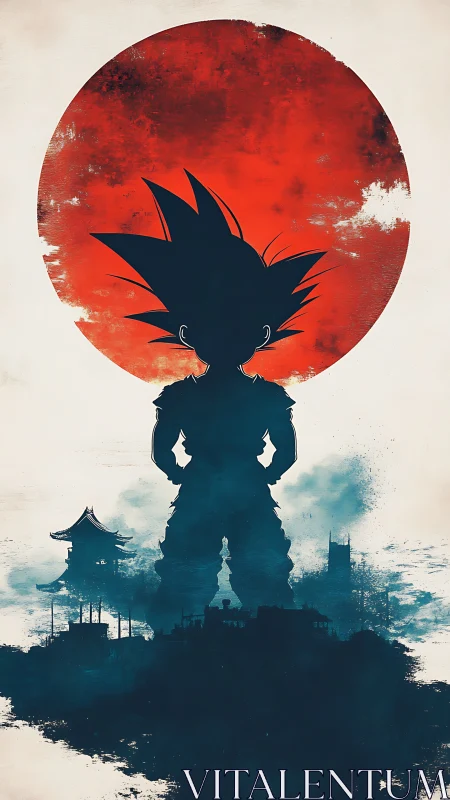 Silhouetted warrior under red sun above ink cityscape.