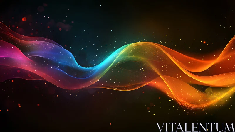 Vibrant neon light waves flow across a deep cosmic backdrop