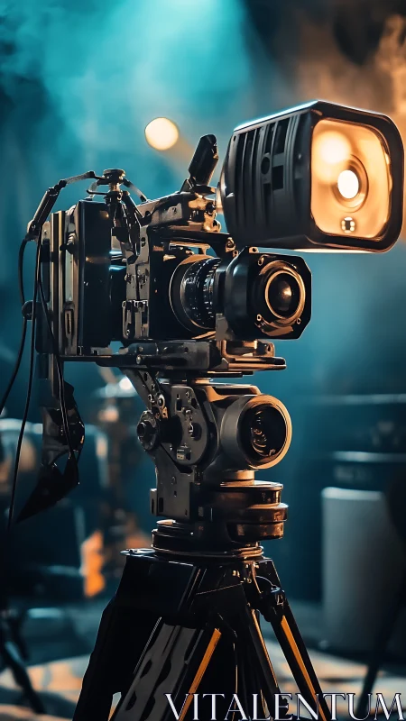 Cinema camera rig stands under moody teal and amber light