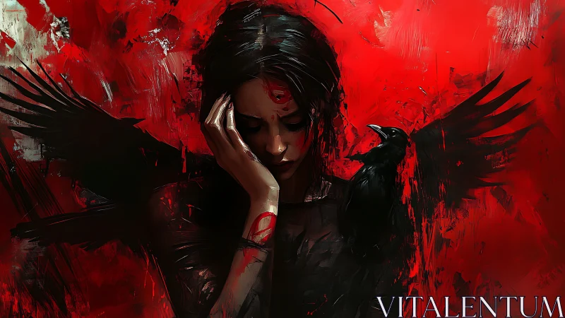 Shadowed girl and crow carve sorrow into a red storm