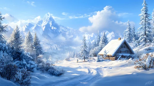 Snow-laden alpine cabin under high-contrast directional winter light