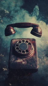 Vintage rotary phone floats in moody surreal atmosphere.