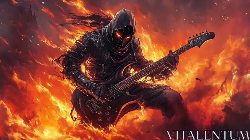 Hooded fiery guitarist surrounded by intense swirling flames.