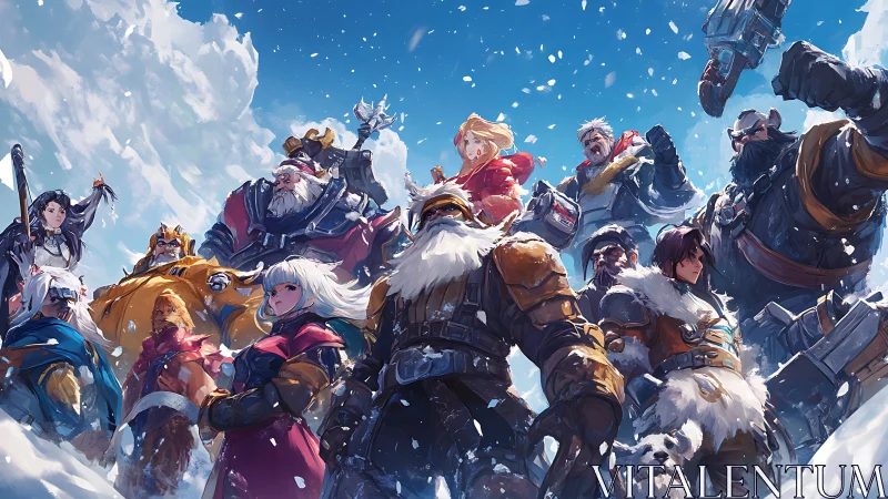 Frozen frontier heroes stand united beneath a bright winter sky