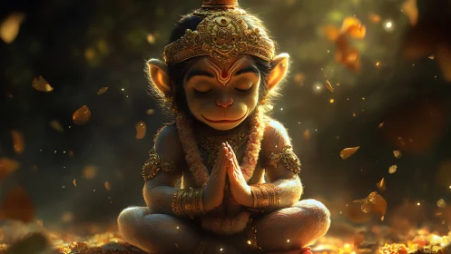 Peaceful baby Hanuman in golden forest meditation glow.
