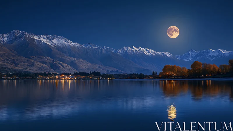 Moonlit mountain hush over ember-lit lakeside townscape.