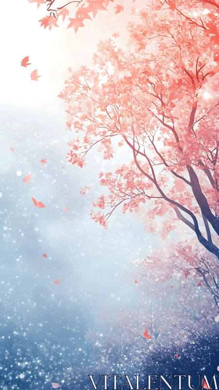 Ethereal cherry canopy with drifting petals in pastel light.