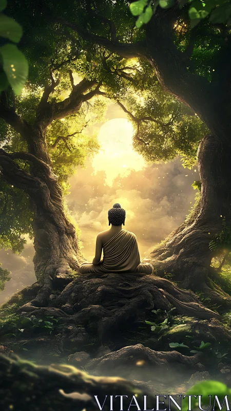 Serene Buddha meditates beneath luminous forest canopy