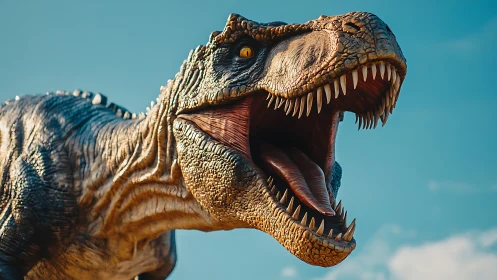 Hyperrealistic tyrannosaurus rex roar under clear blue sky