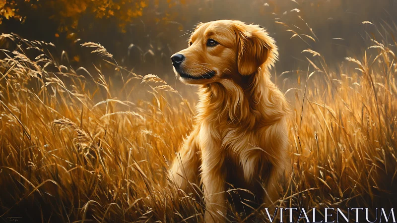 Golden retriever sits in sunlit autumn field at dusk