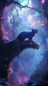 Bioluminescent Feline in Enchanted Forest Canopy.